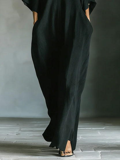 Caro - Vestido Maxi Negro Minimalista con Mangas de Kimono para Mujer