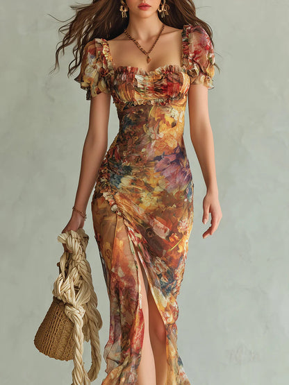 Seraphine | Vestido maxi con estampado pictórico floral y falda fluida para Mujer
