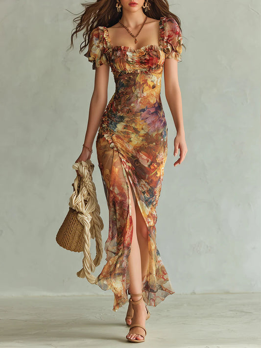 Seraphine | Vestido maxi con estampado pictórico floral y falda fluida para Mujer