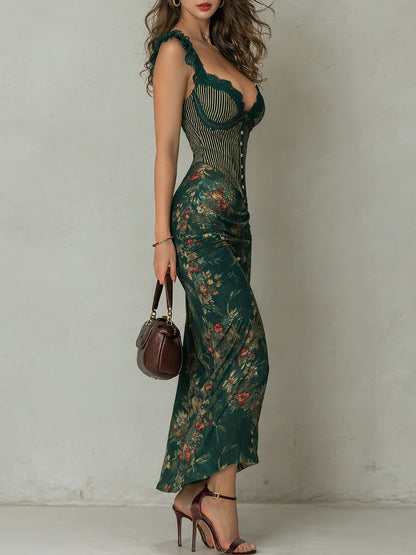Ronda - Vestido Maxi de Estampado Floral a Rayas con Encaje Retro para Mujer