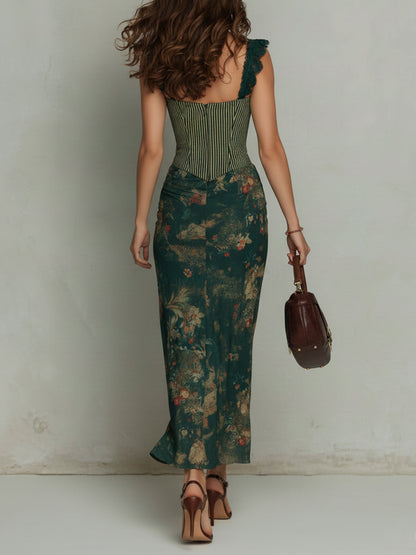 Ronda - Vestido Maxi de Estampado Floral a Rayas con Encaje Retro para Mujer