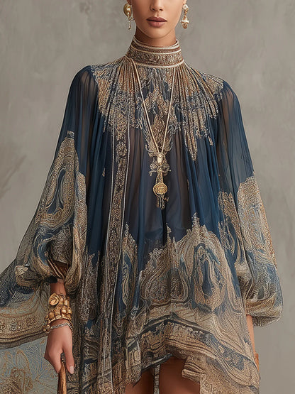 Marianna | Mini vestido de chiffon azul marino con estampado barroco dorado para Mujer