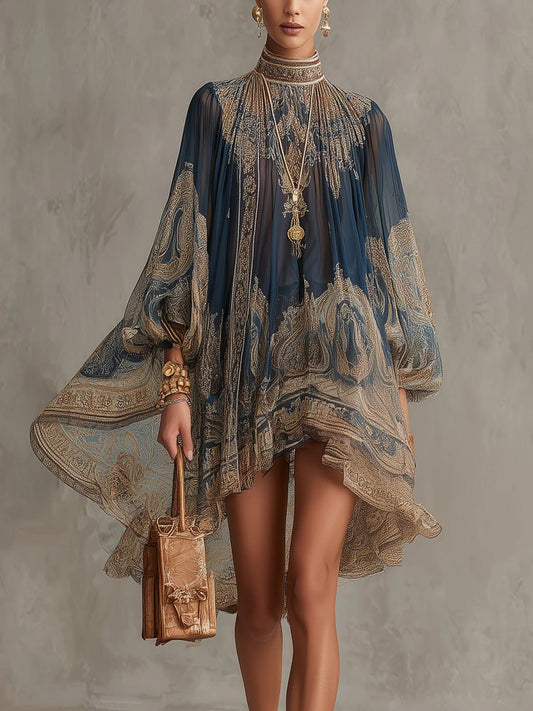 Marianna | Mini vestido de chiffon azul marino con estampado barroco dorado para Mujer