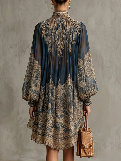 Marianna | Mini vestido de chiffon azul marino con estampado barroco dorado para Mujer