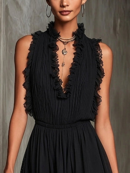 Mélaine | Mono Mini Negro con Volantes para Mujer