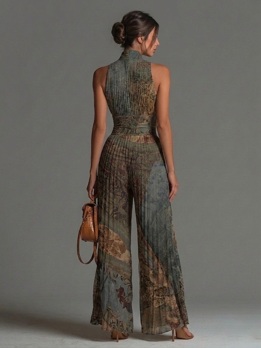Rosario - Mono de gasa de corte ancho con pliegues, sin mangas, cremallera y estampado étnico bohemio para Mujer