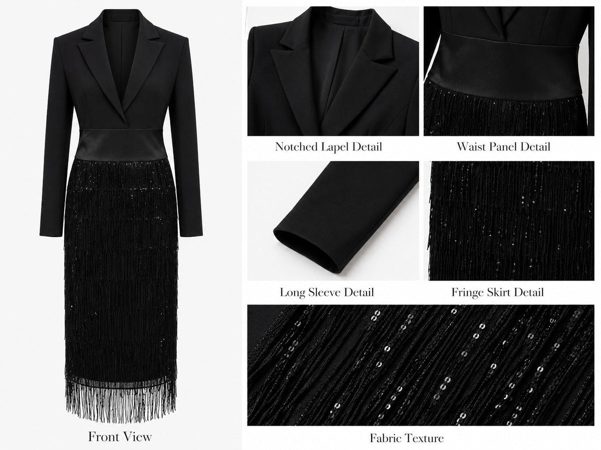 Loredana | Vestido midi con cuerpo tipo blazer, lentejuelas y flecos en negro para Mujer