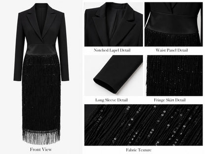 Loredana | Vestido midi con cuerpo tipo blazer, lentejuelas y flecos en negro para Mujer