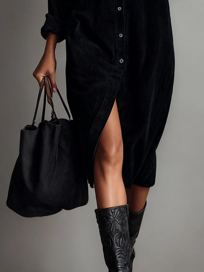 Margriet | Vestido Midi de Terciopelo Acanalado con Bolsillos y Botonadura Simple para Mujer