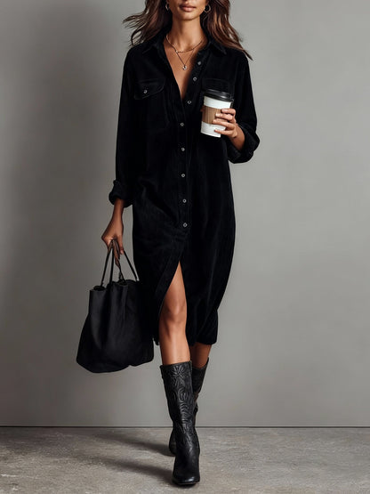 Margriet | Vestido Midi de Terciopelo Acanalado con Bolsillos y Botonadura Simple para Mujer