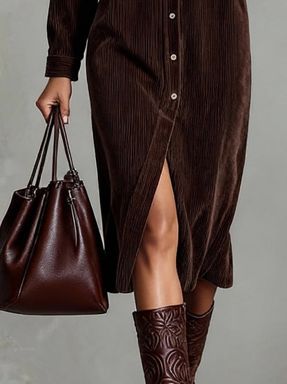 Margriet | Vestido Midi de Terciopelo Acanalado con Bolsillos y Botonadura Simple para Mujer