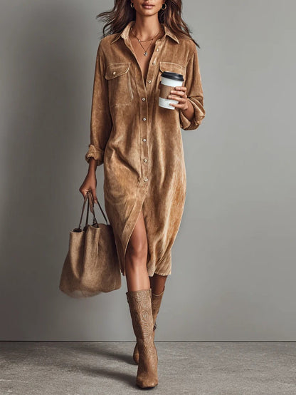 Margriet | Vestido Midi de Terciopelo Acanalado con Bolsillos y Botonadura Simple para Mujer