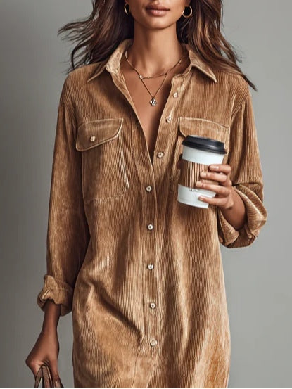 Margriet | Vestido Midi de Terciopelo Acanalado con Bolsillos y Botonadura Simple para Mujer