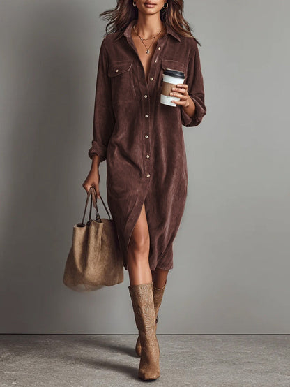 Margriet | Vestido Midi de Terciopelo Acanalado con Bolsillos y Botonadura Simple para Mujer