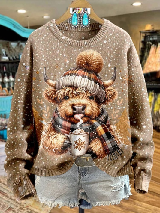 Mira – Suéter navideño con estampado de highlander