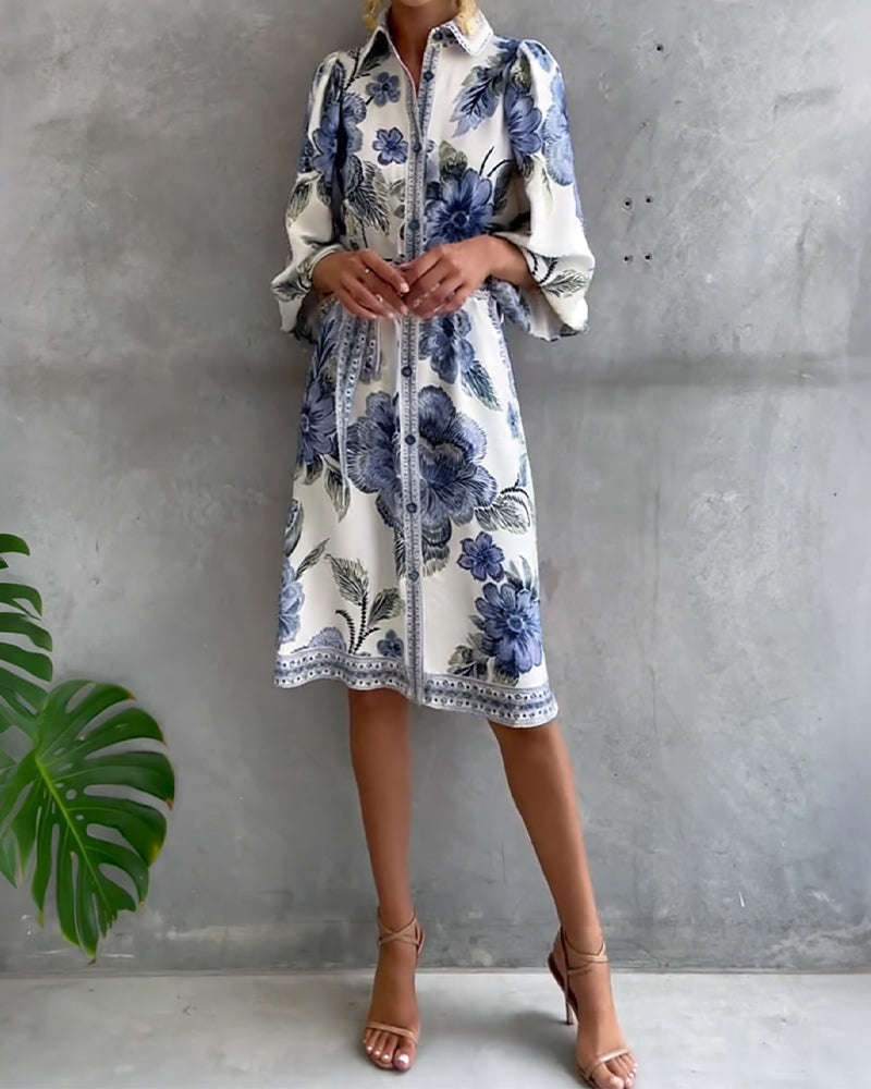 Rosalva - Vestido de Manga Lámpara con Cuello Fruncido Impreso para Mujer