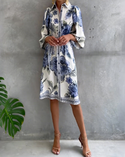 Rosalva - Vestido de Manga Lámpara con Cuello Fruncido Impreso para Mujer