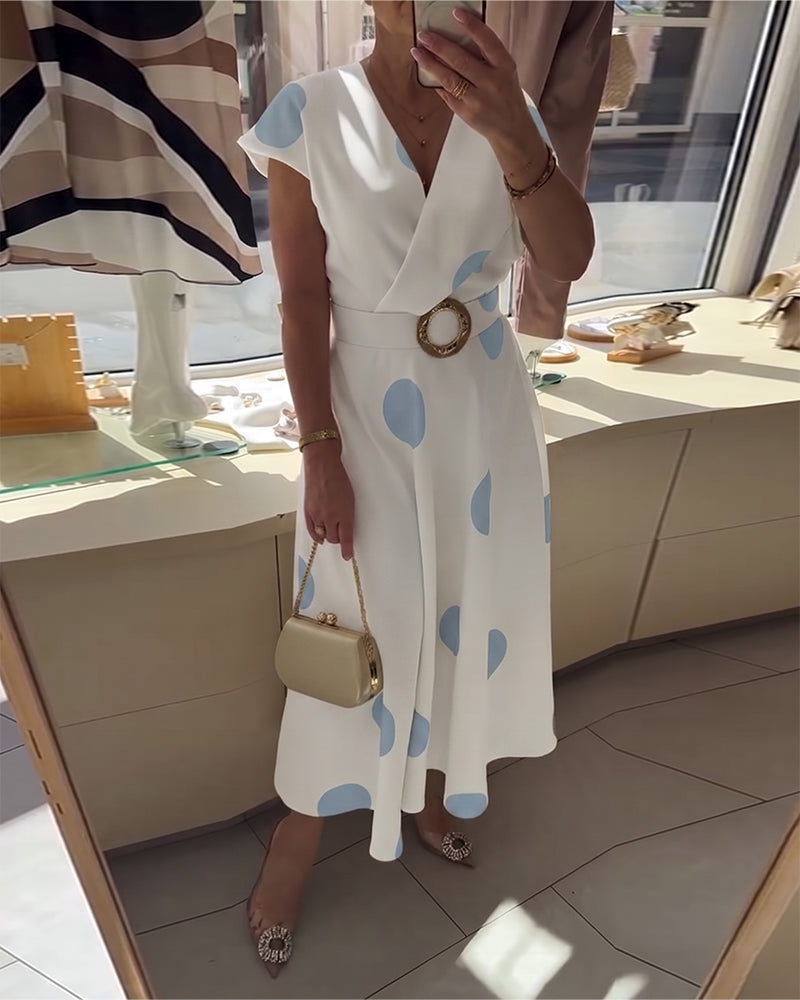 Lorena - Vestido midi para mujer con lunares y escote en V