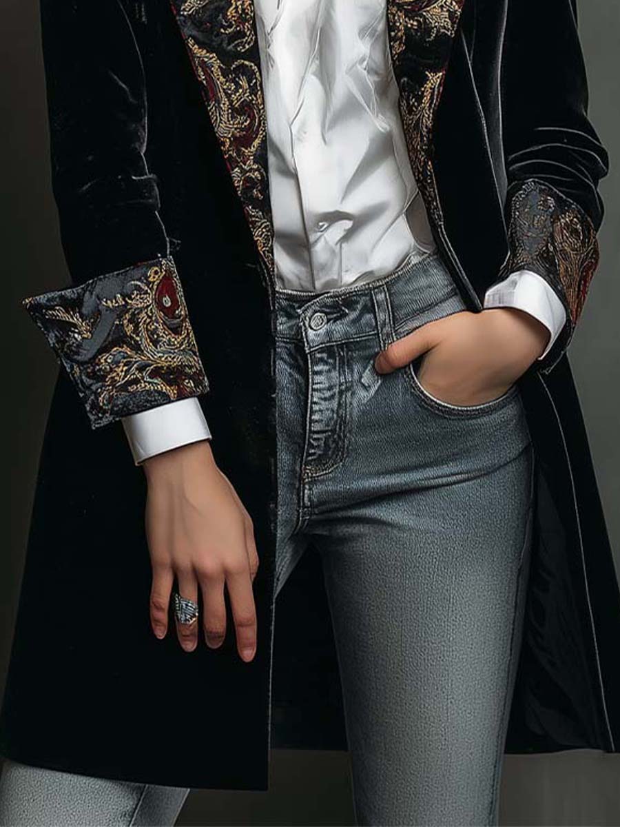 Carol - Blazer Slim Fit Negro Estampado Barroco para Mujer
