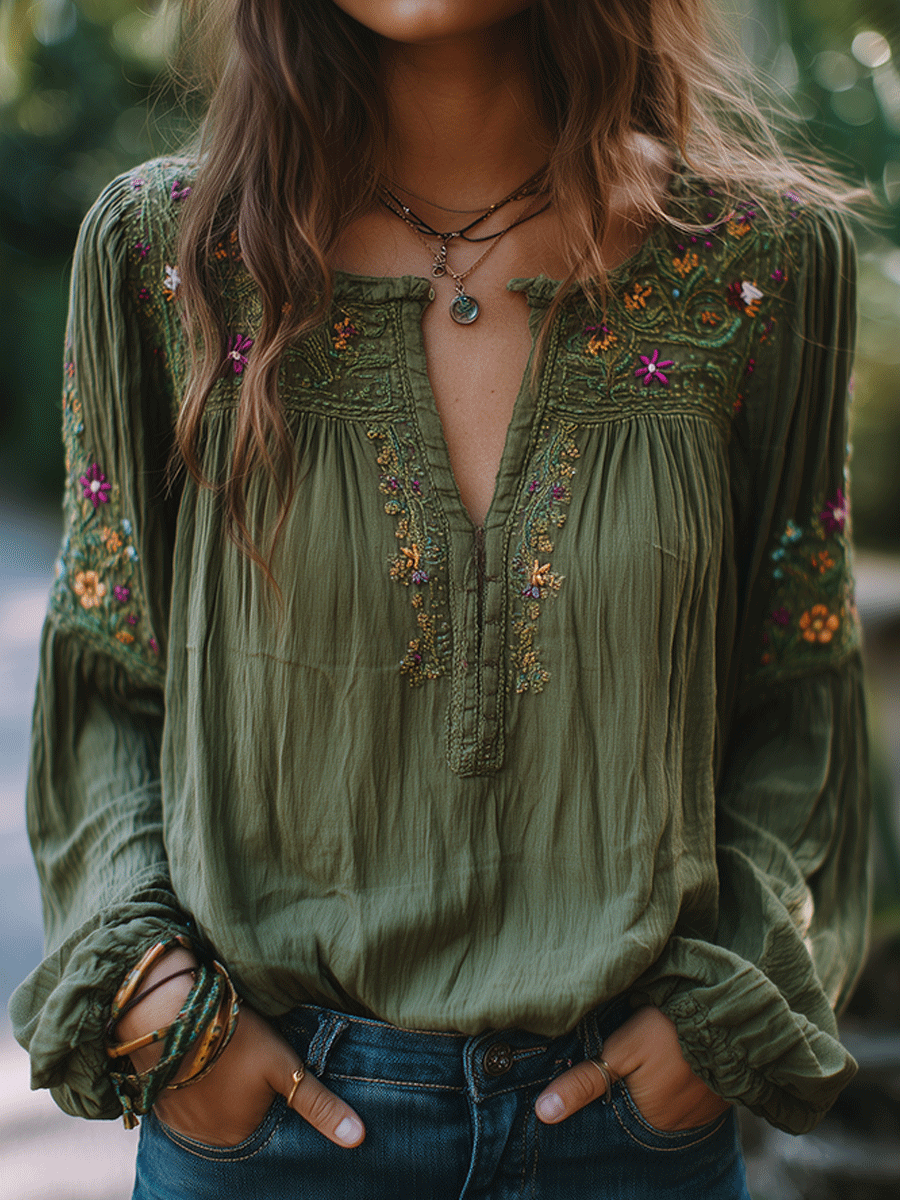 Manuela · Camisa bordada con flores bohemias para Mujer