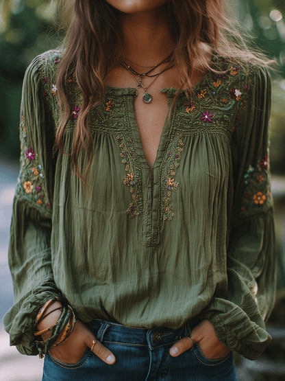 Manuela · Camisa bordada con flores bohemias para Mujer