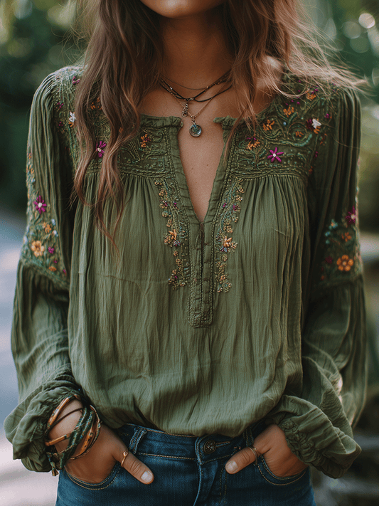Manuela · Camisa bordada con flores bohemias para Mujer