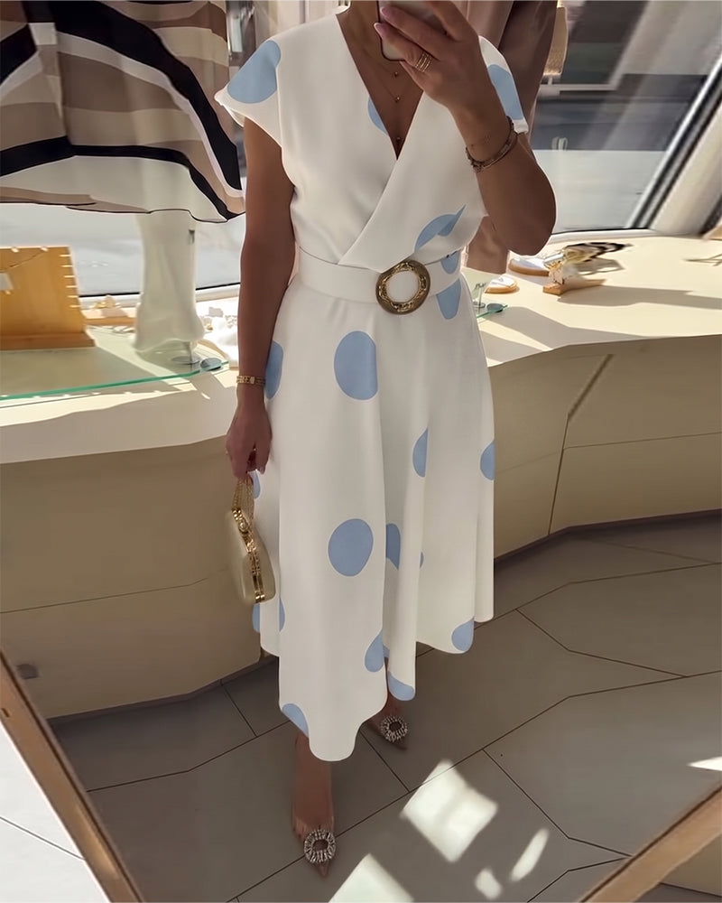 Lorena - Vestido midi para mujer con lunares y escote en V
