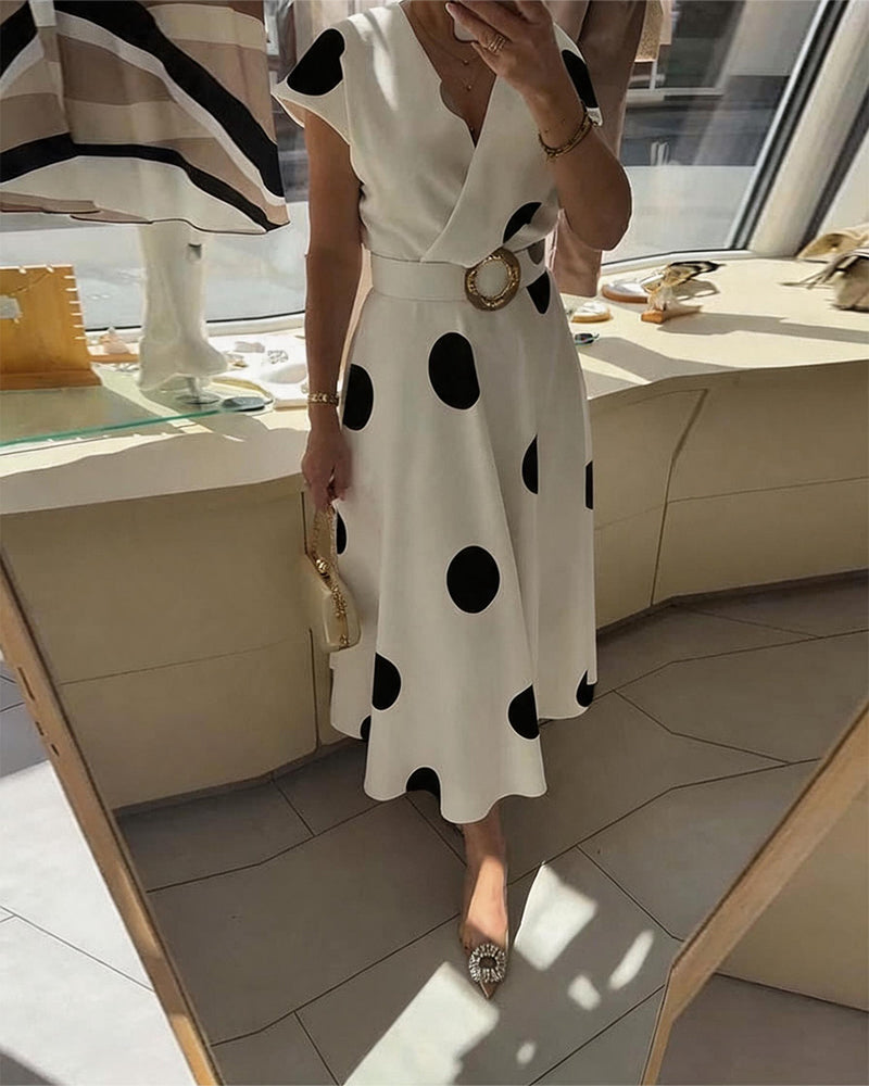 Lorena - Vestido midi para mujer con lunares y escote en V