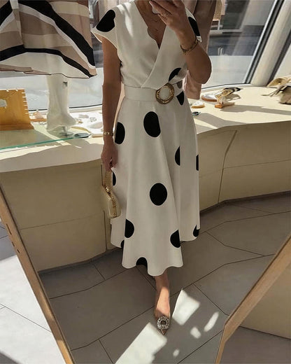 Lorena - Vestido midi para mujer con lunares y escote en V