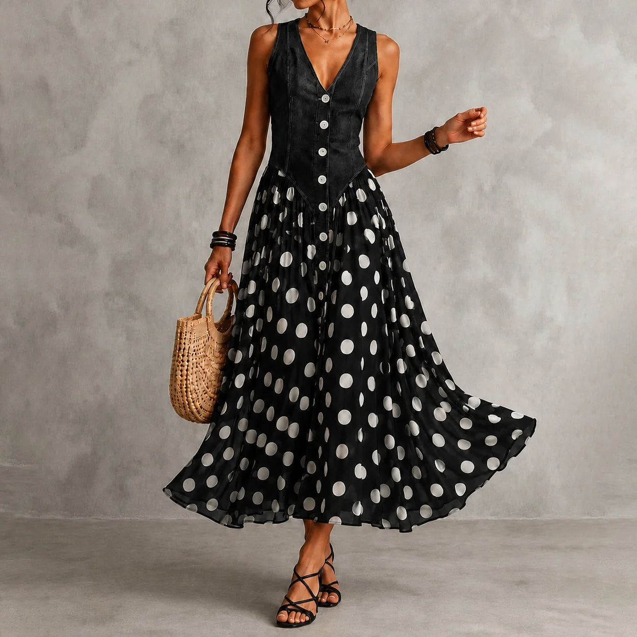 Rusca - Elegante vestido largo sin mangas de mezclilla falsa con lunares para Mujer