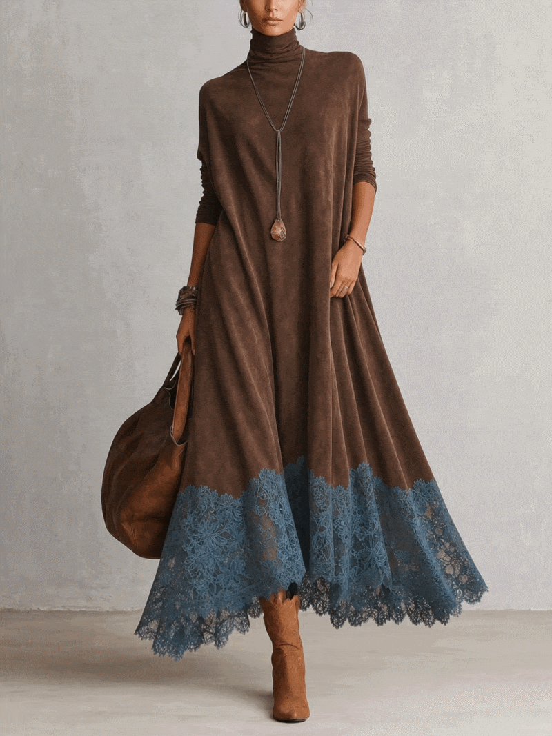 Dria - Vestido Maxi de Manga Larga en Suede Marrón Vintage para Mujer