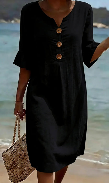 Vanesa | Vestido con textura de lino con manga abullonada y botones para Mujer