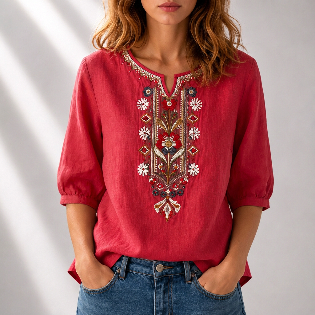 Marianne - Blusa Bordado Floral Frontal Manga Corta Fruncida para Mujer