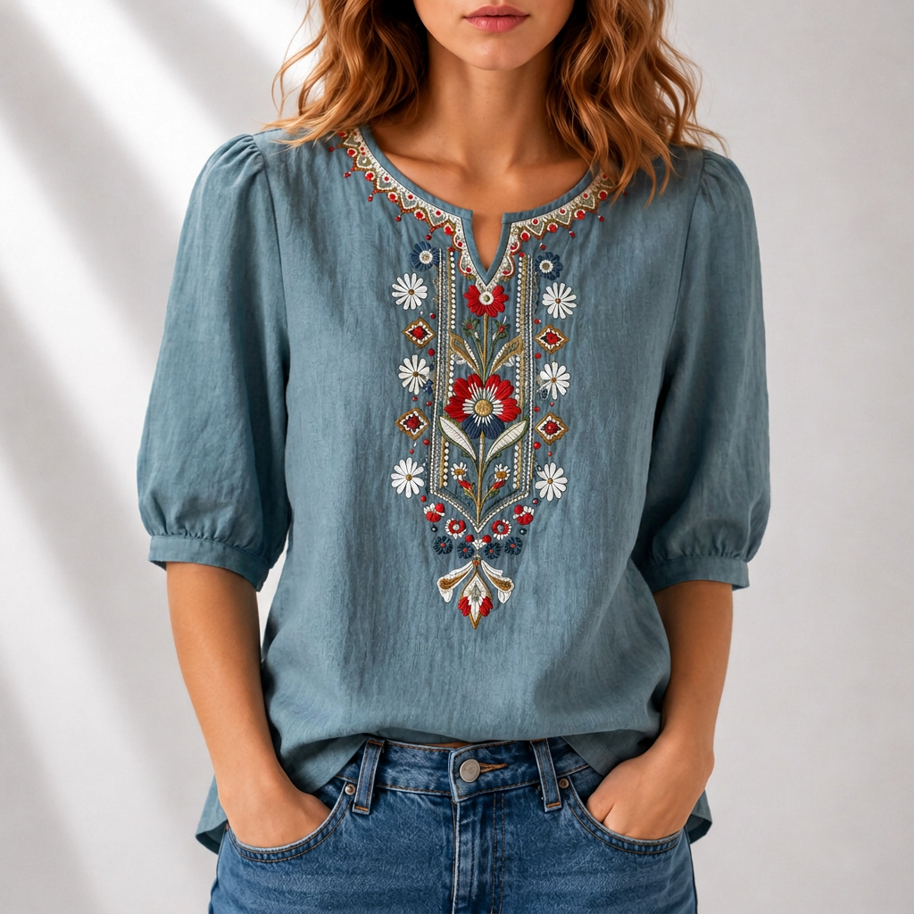 Marianne - Blusa Bordado Floral Frontal Manga Corta Fruncida para Mujer