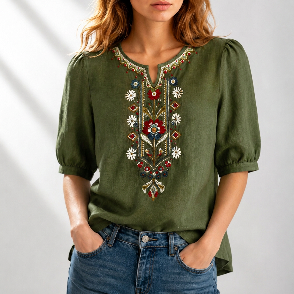 Marianne - Blusa Bordado Floral Frontal Manga Corta Fruncida para Mujer