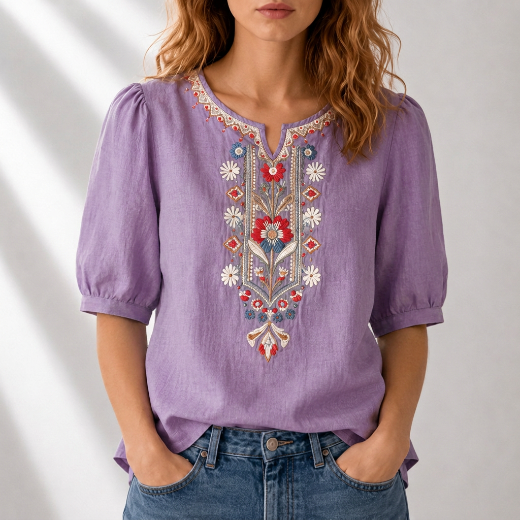 Marianne - Blusa Bordado Floral Frontal Manga Corta Fruncida para Mujer