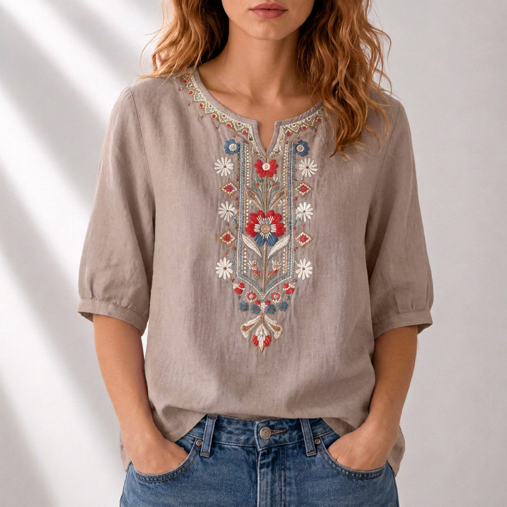 Marianne - Blusa Bordado Floral Frontal Manga Corta Fruncida para Mujer
