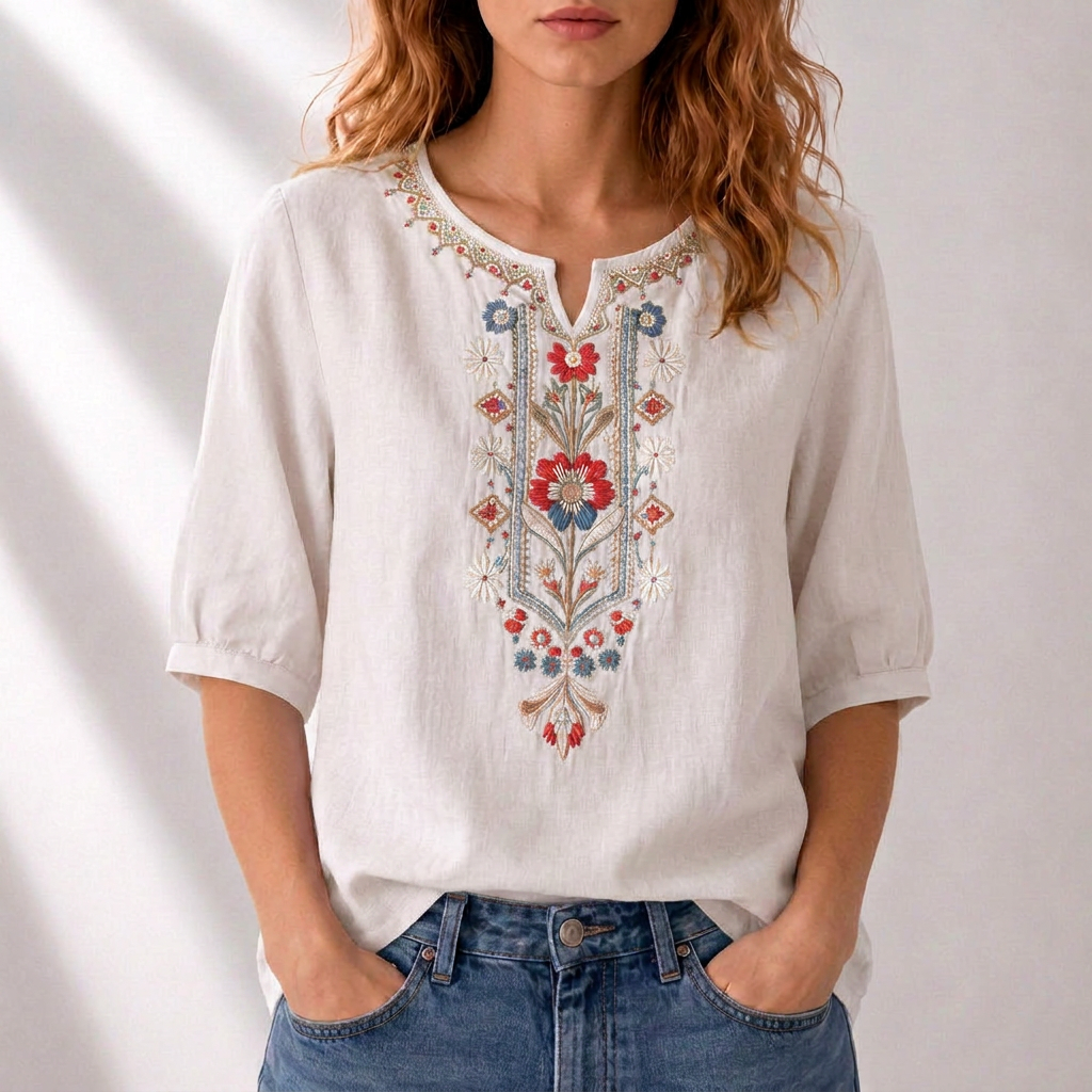 Marianne - Blusa Bordado Floral Frontal Manga Corta Fruncida para Mujer