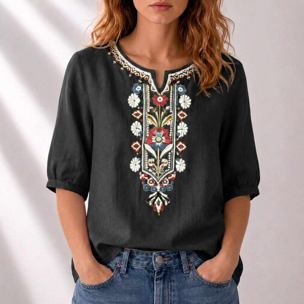 Marianne - Blusa Bordado Floral Frontal Manga Corta Fruncida para Mujer