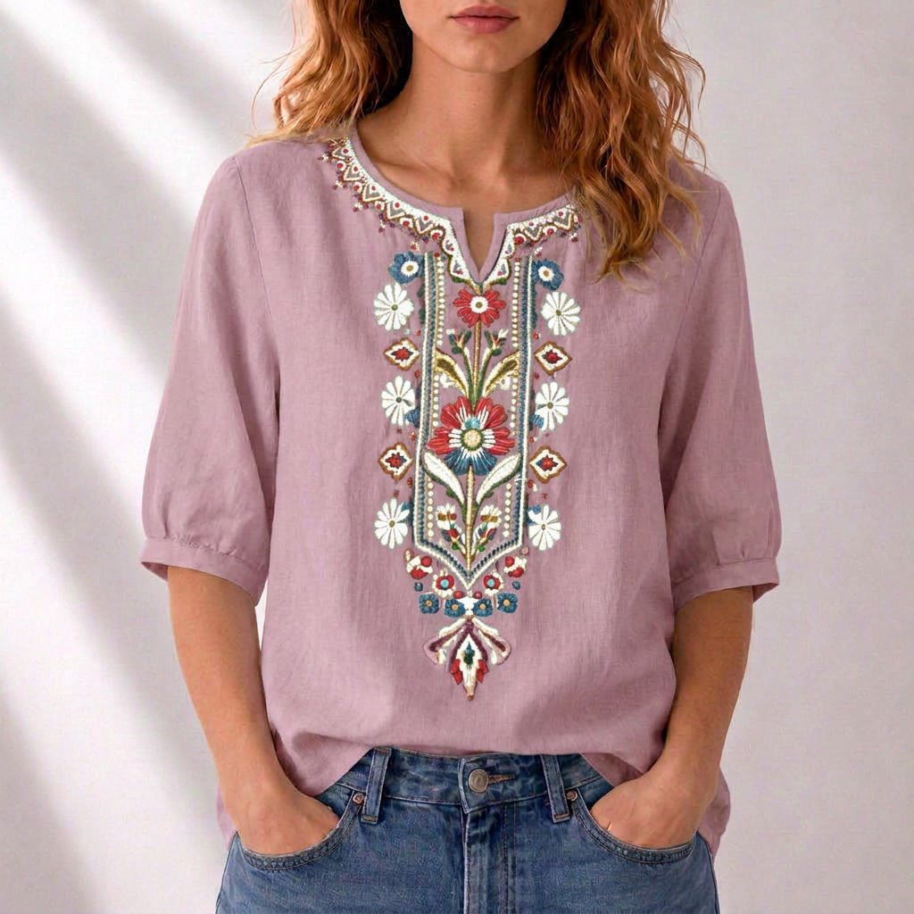Marianne - Blusa Bordado Floral Frontal Manga Corta Fruncida para Mujer