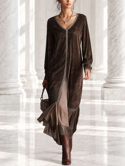 Teresa | Vestido midi acampanado en ante sintético con escote en V para Mujer