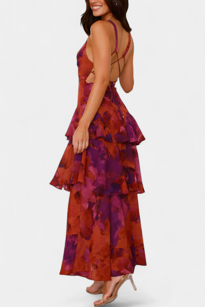 Domenica Vestido de Gasa con Escote en V y Capas Fluidas