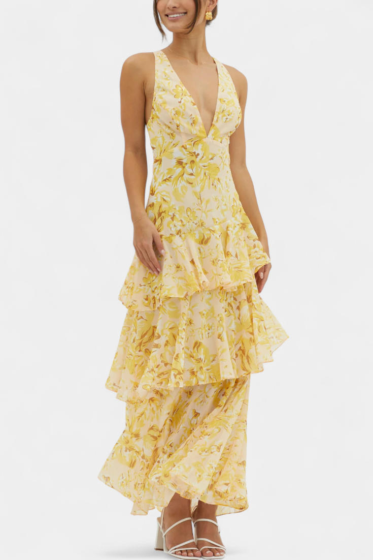 Domenica Vestido de Gasa con Escote en V y Capas Fluidas