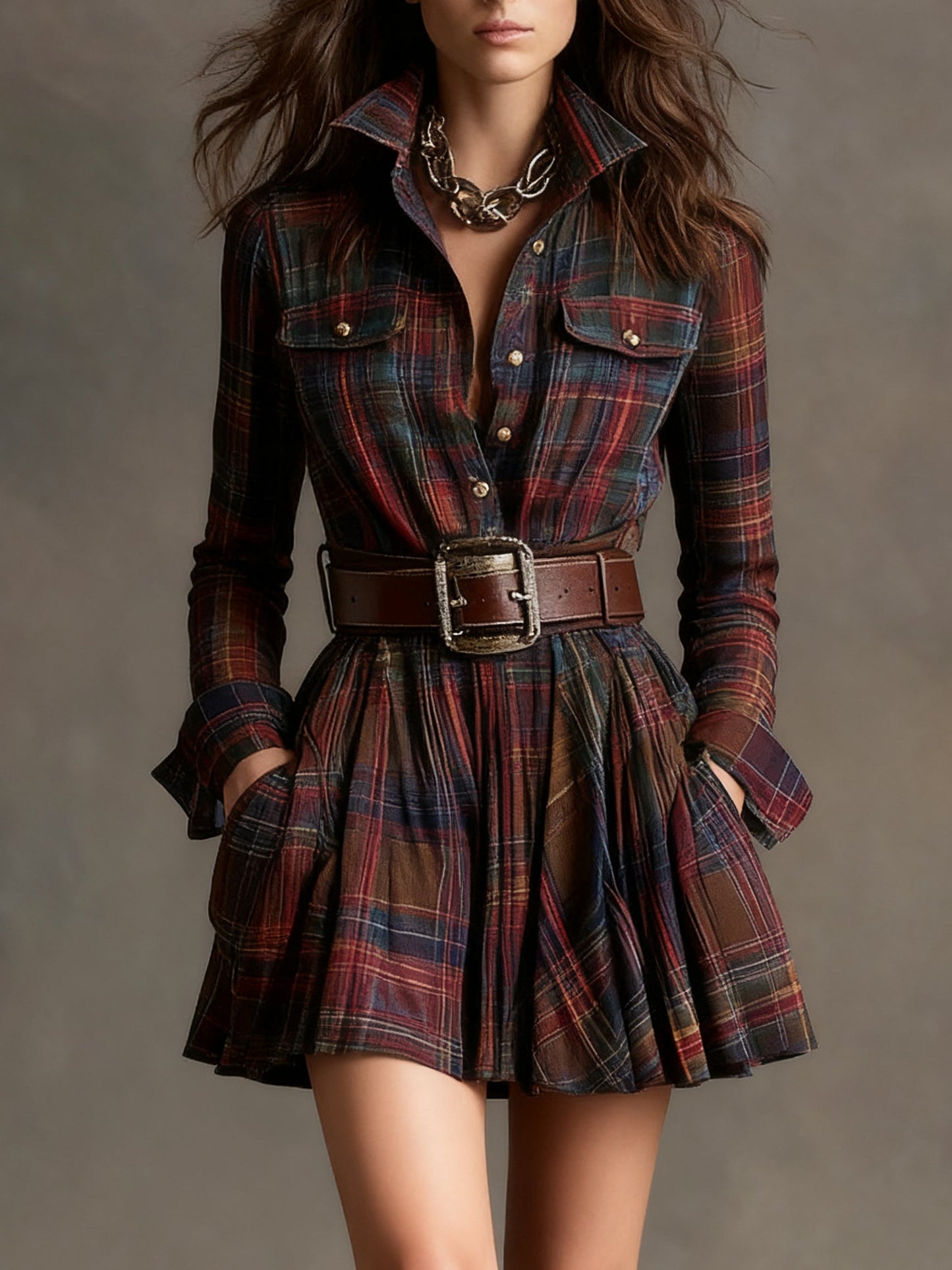 Trist - Vestido mini vintage a cuadros con cintura marcada