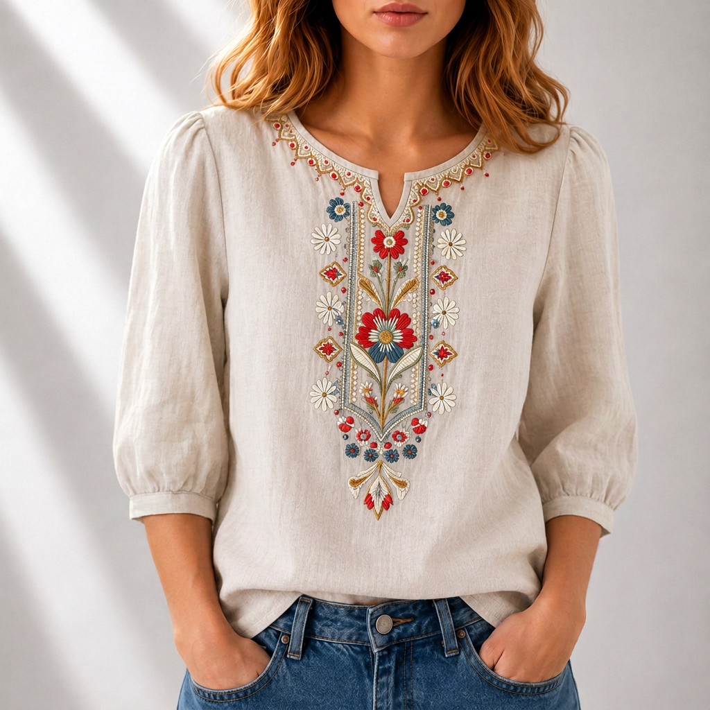 Marianne - Blusa Bordado Floral Frontal Manga Corta Fruncida para Mujer