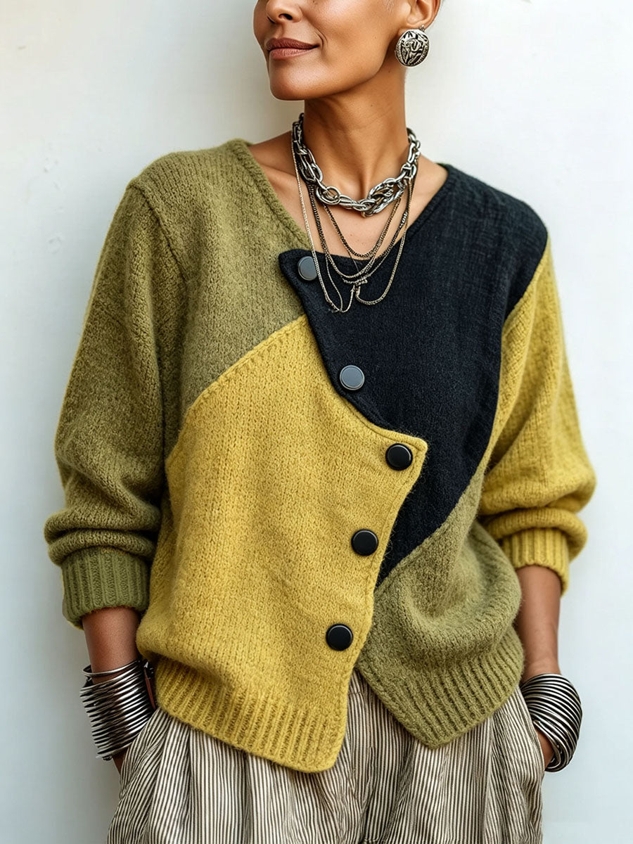 Roa - Suéter de Punto Asimétrico Acogedor con Bloques de Colores Artísticos para Mujer