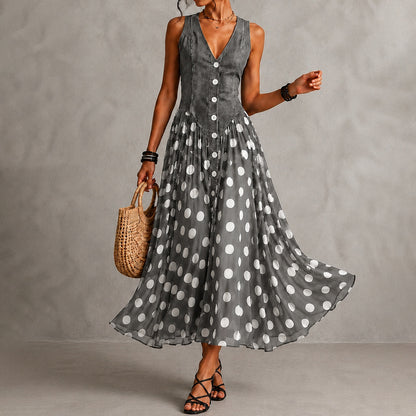 Rusca - Elegante vestido largo sin mangas de mezclilla falsa con lunares para Mujer