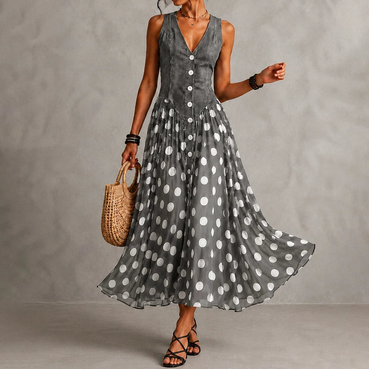 Rusca - Elegante vestido largo sin mangas de mezclilla falsa con lunares para Mujer
