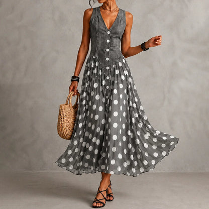 Rusca - Elegante vestido largo sin mangas de mezclilla falsa con lunares para Mujer