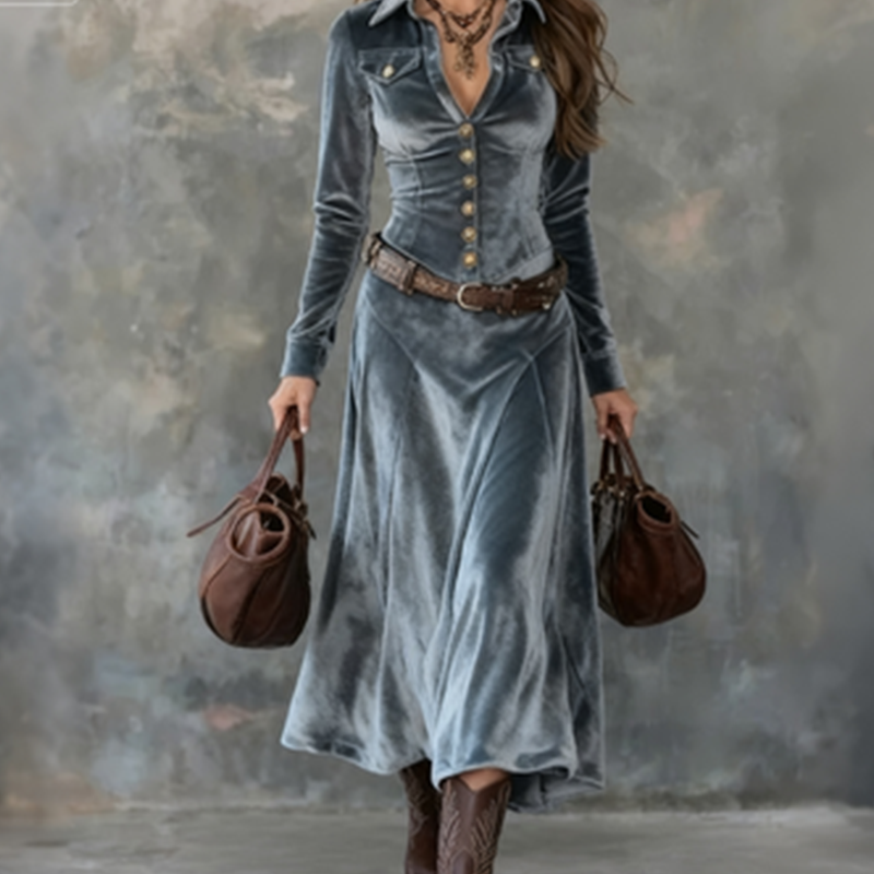 Naria | Vestido maxi de terciopelo para damas con mangas largas